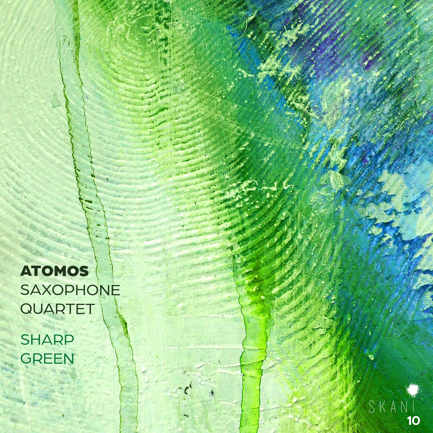 CD cover for Atomos Saxophone Quartet’s “Sharp Green” with abstract green art.