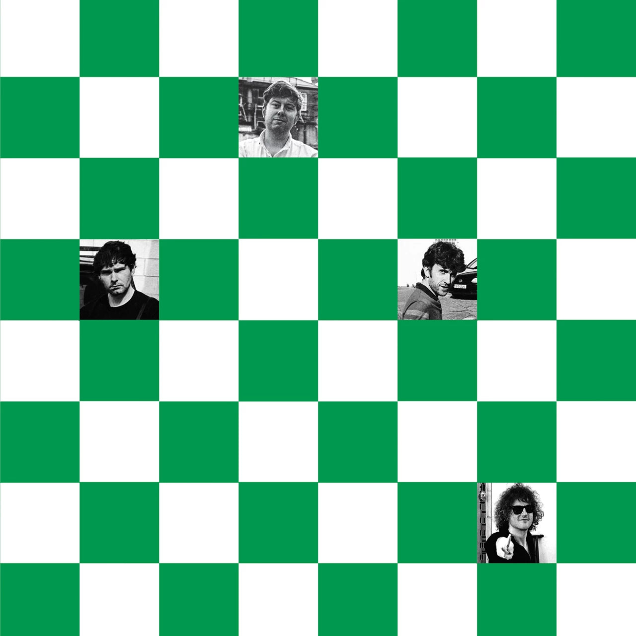 Green and white checkerboard with black and white portrait inserts.