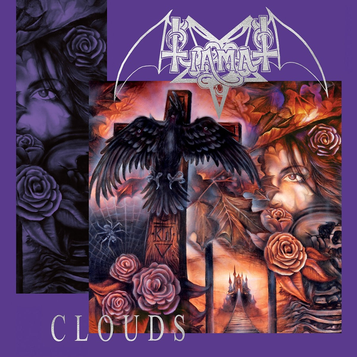 CD cover for Tiamat’s “Clouds” featuring a raven, roses, and a cross.