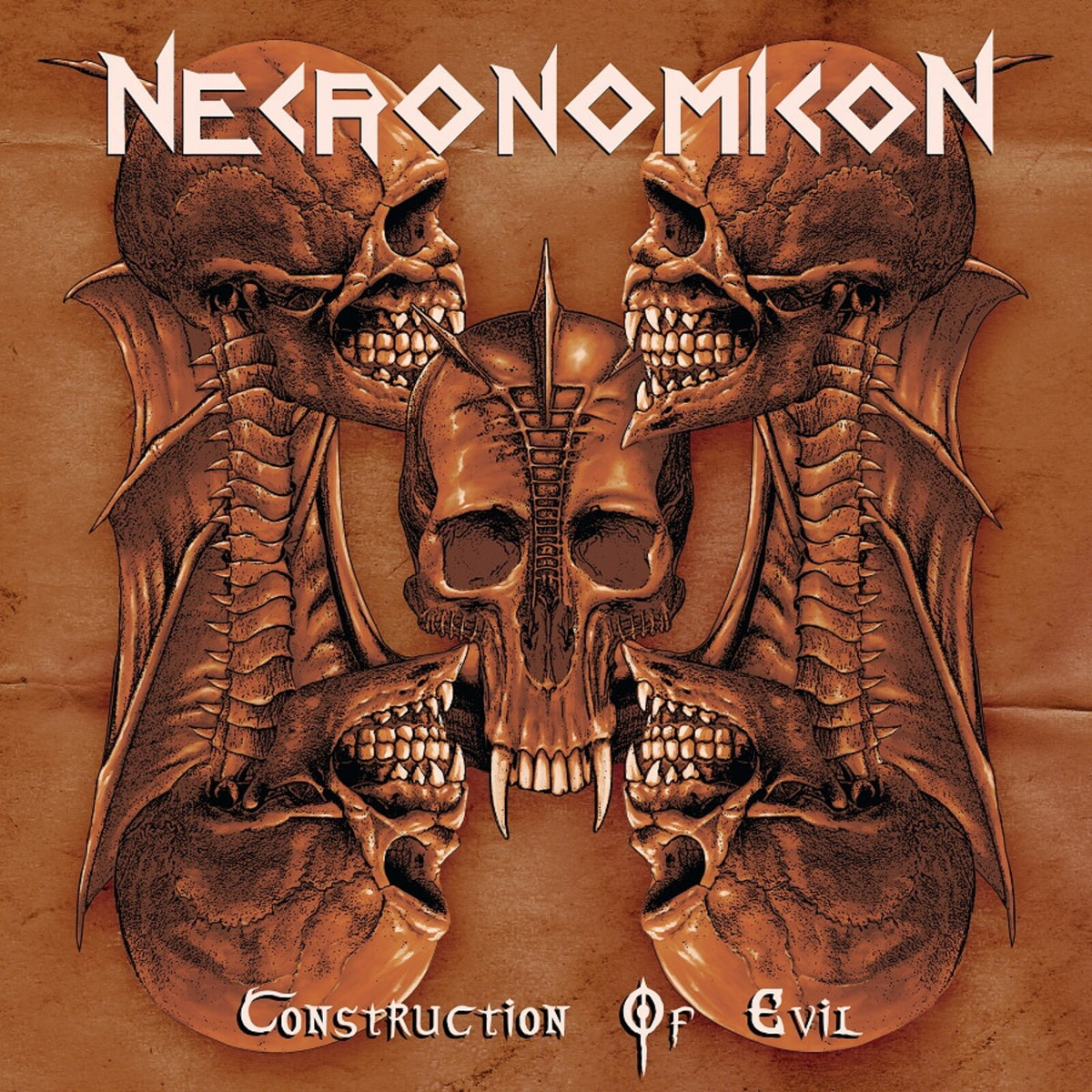 Album cover with multiple skulls and clawed hands in brown tones.