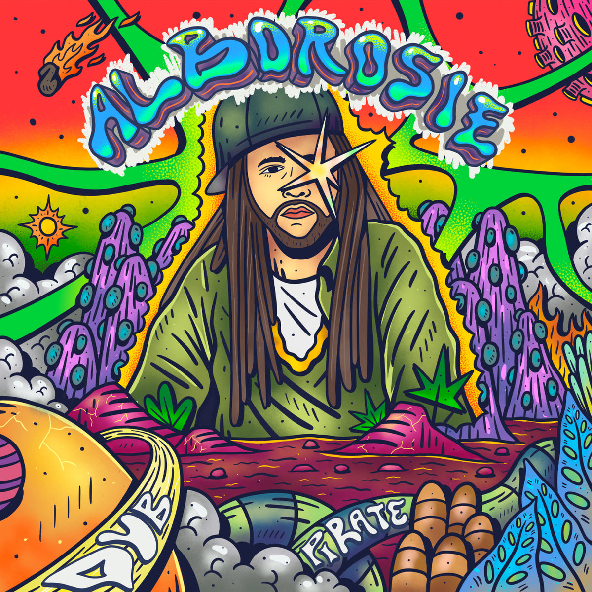 Colorful illustration of Alborosie with vibrant, psychedelic background elements.