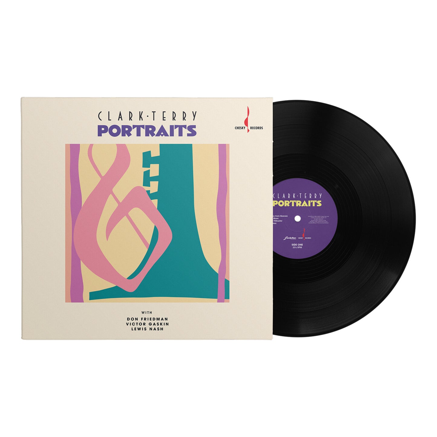 Portraits" vinyl record by Clark Terry, featuring abstract pink and purple shapes.