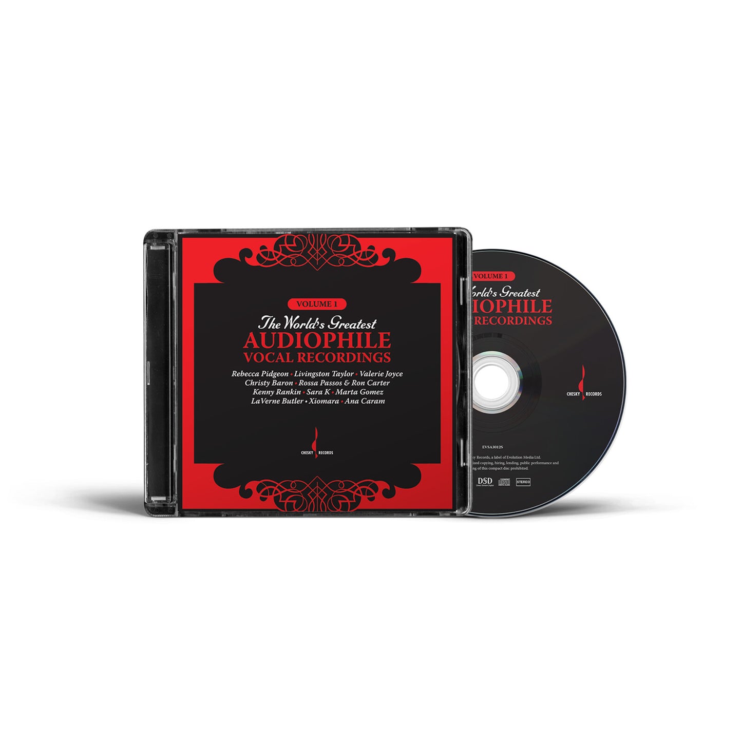 CD case and disc for The World's Greatest Audiophile Vocal Recordings with red accents.