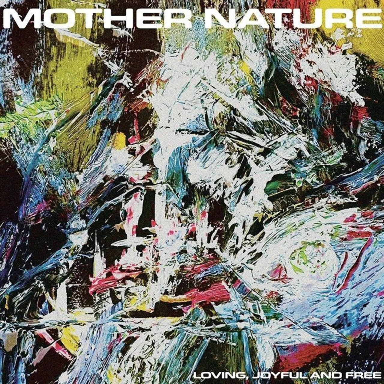 Abstract colorful painting of trees with album title overlayed.