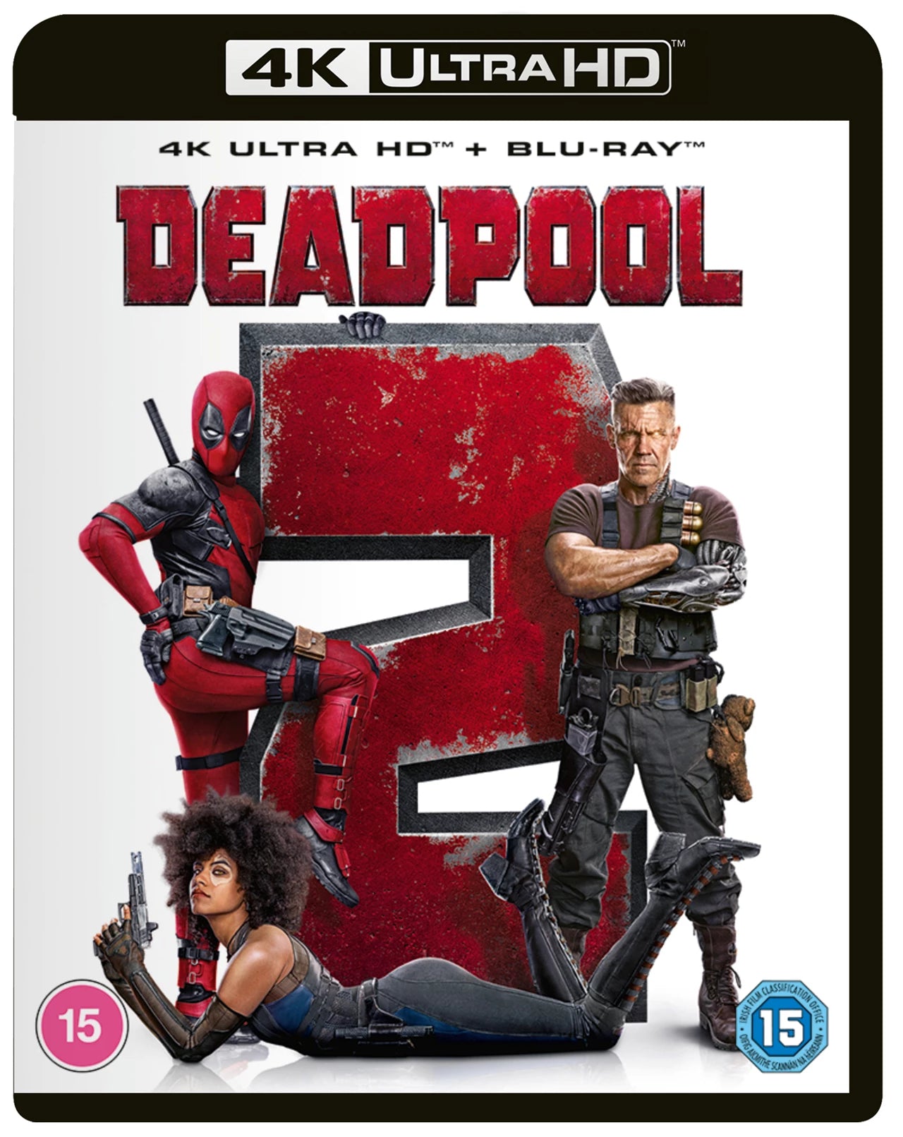 Deadpool 2 4K Blu-ray cover featuring Deadpool, Cable, and Domino.