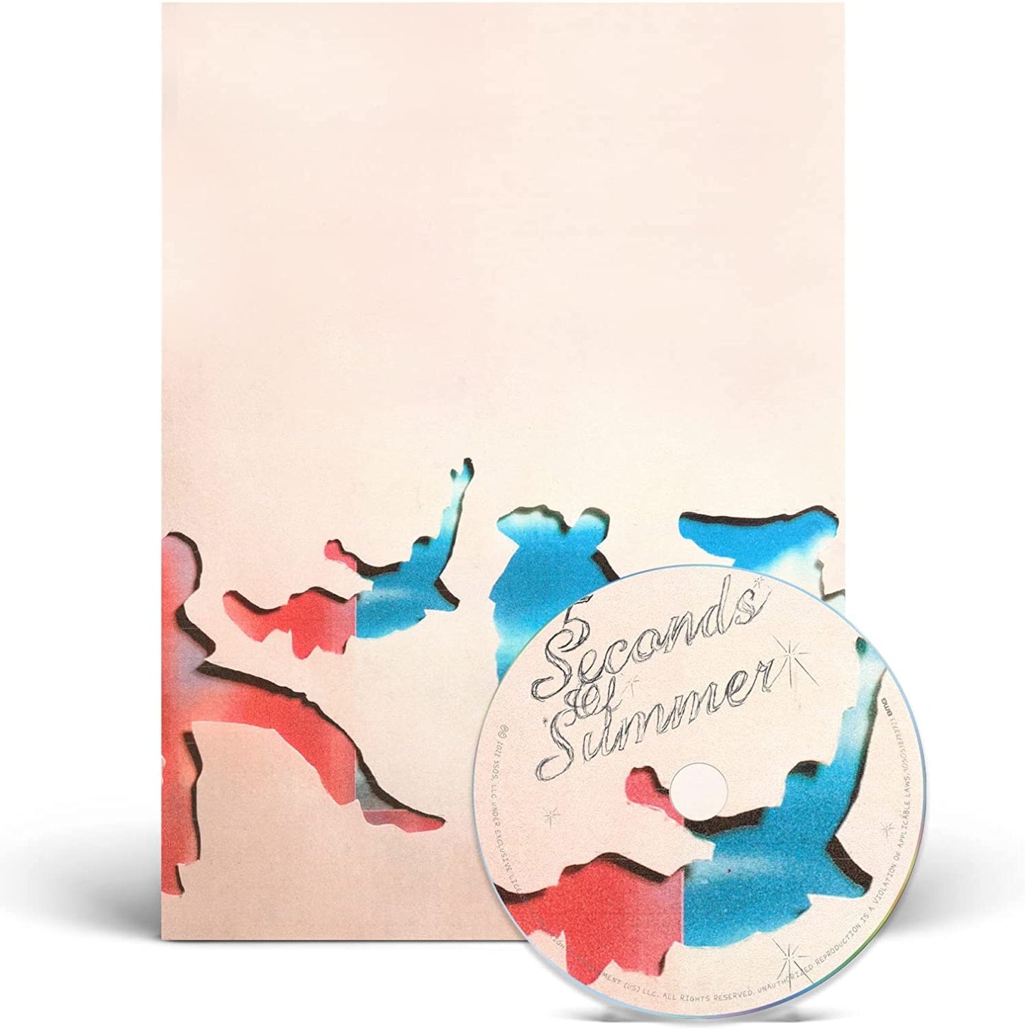 CD case with pink cover and abstract red and blue shapes, featuring a matching disc.