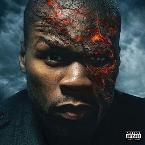 50 Cent album cover: close-up of a man with cracked, fiery skin.