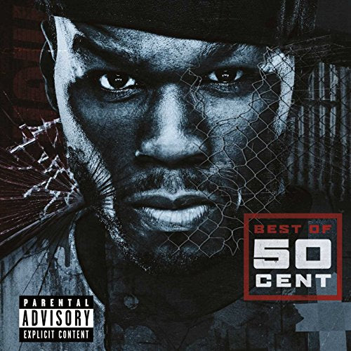 Close-up portrait of 50 Cent with a chain-link fence overlay and parental advisory label.