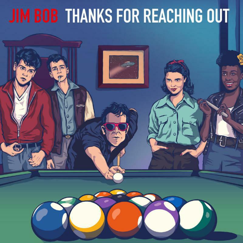 Jim Bob album cover: illustrated group portrait around a pool table.