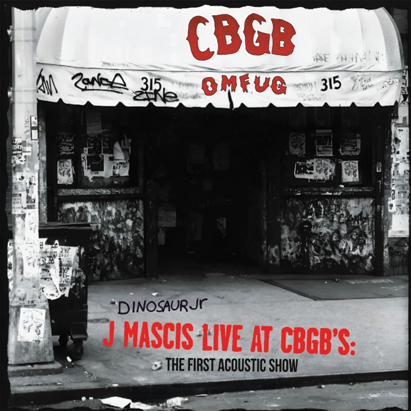 Black and white photo of CBGB’s exterior with album title text overlay.