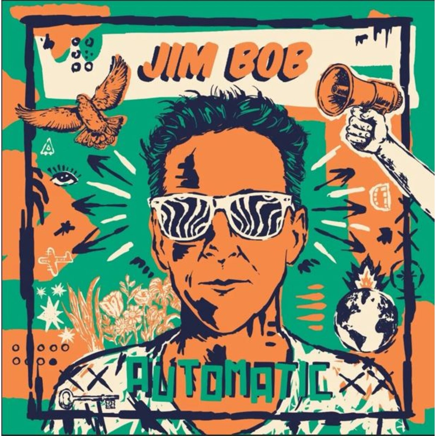 Album cover for Jim Bob’s “Automatic” featuring illustrated portrait and surreal imagery.