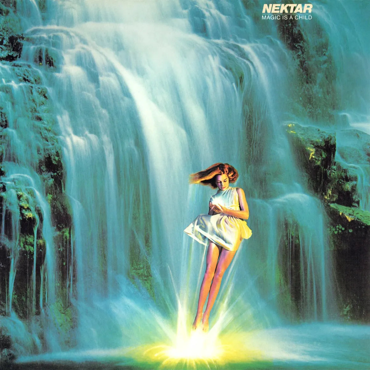 Album cover: girl in yellow dress emerging from a waterfall.