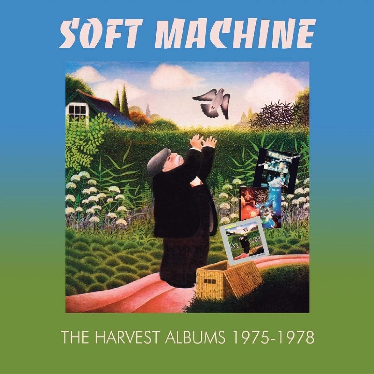 Soft Machine album cover: man with albums in a garden scene.
