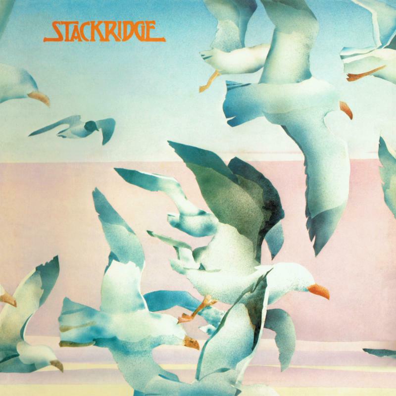 Album cover for Stackridge featuring painted seagulls in flight on pink.