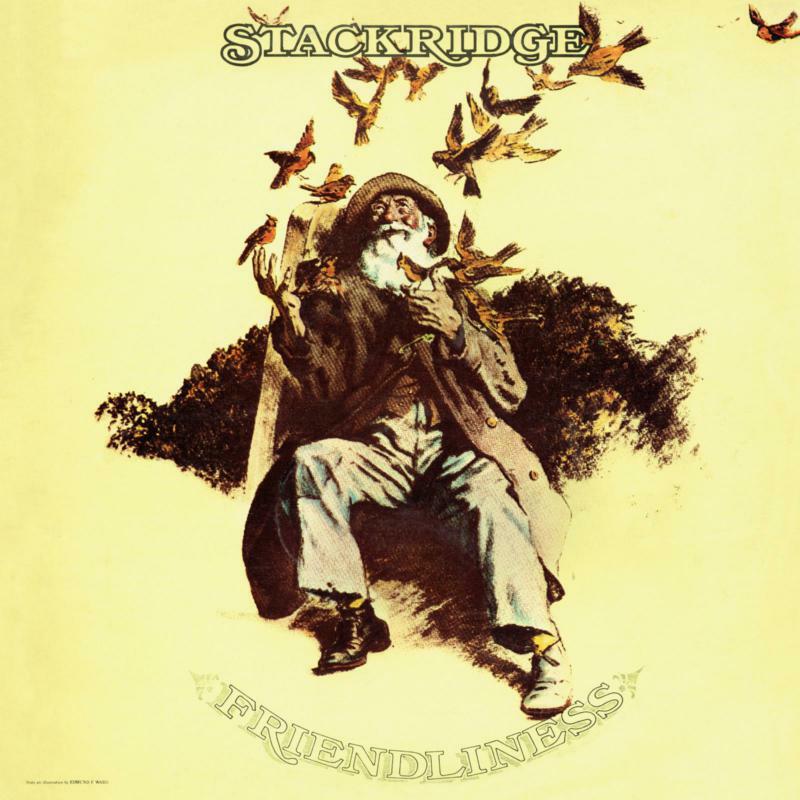 Stackridge “Friendliness” album cover: old man surrounded by birds.