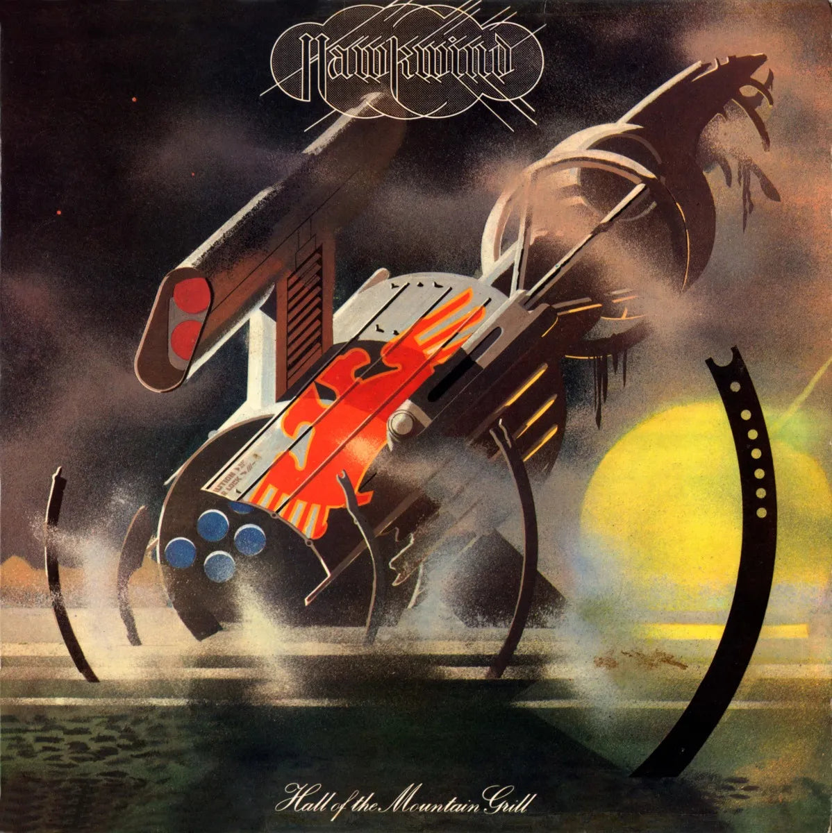 Album cover for Hawkwind’s “Hall Of The Mountain Grill” featuring a spaceship.