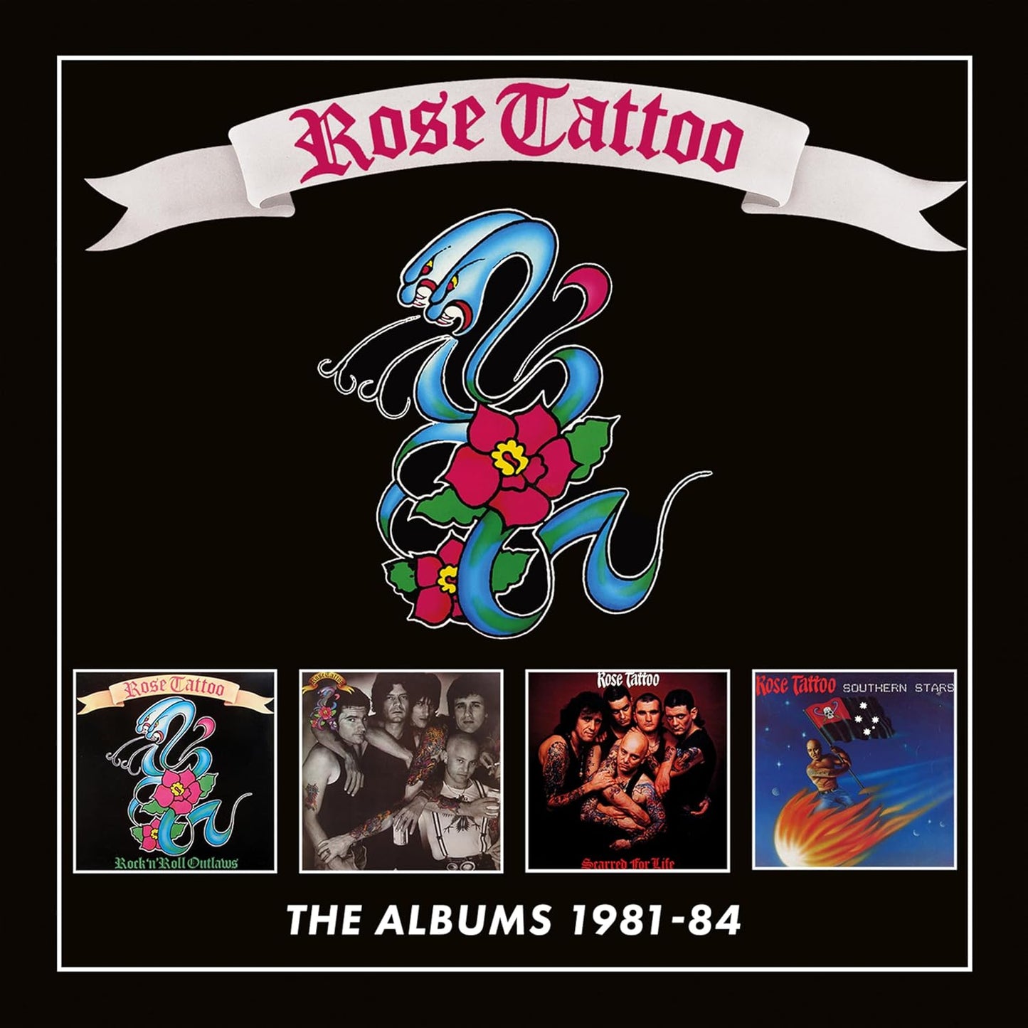 Rose Tattoo album collection box set featuring band logo, snake artwork, and four album covers.