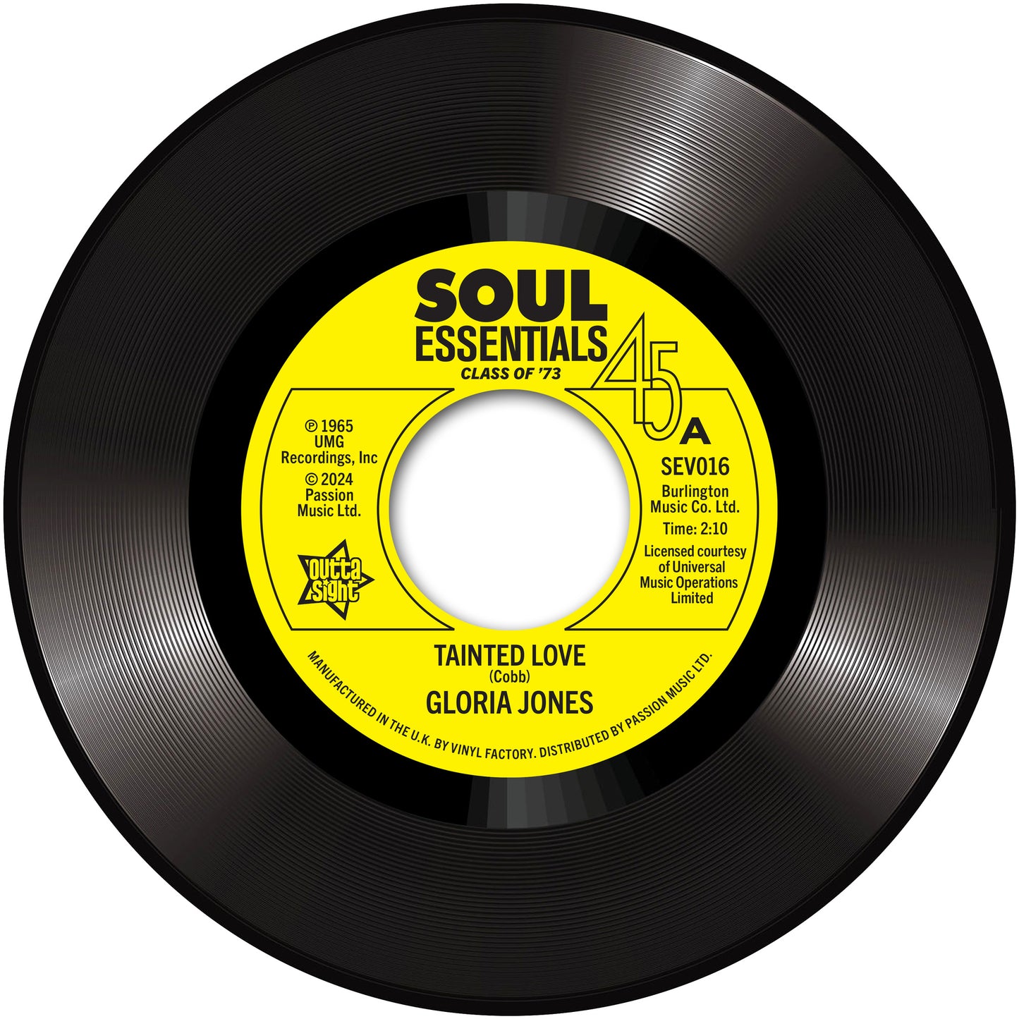 Yellow and black vinyl record label with “Tainted Love” text.