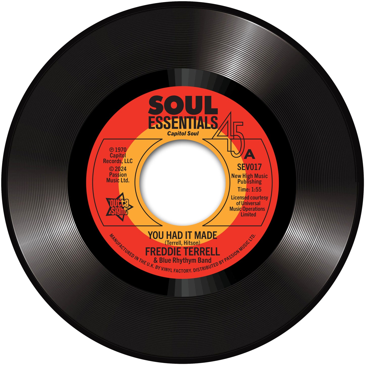 Red vinyl 45 RPM record label featuring “You Had It Made” by Freddie Terrell.