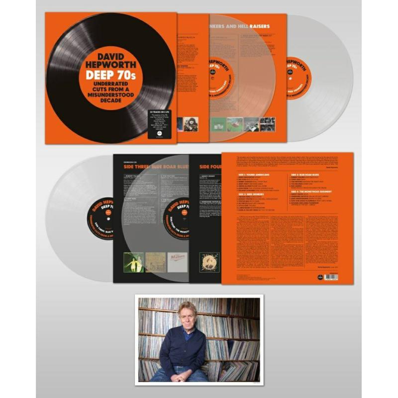 Vinyl record set “Deep 70s” with orange cover art and portrait photo.