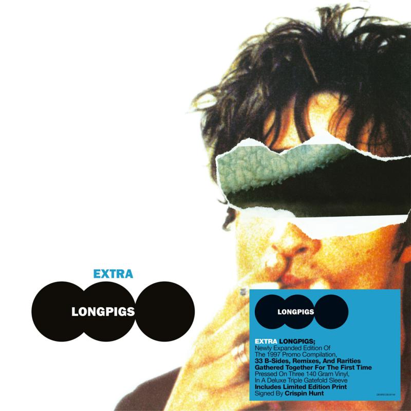 Album cover for "Extra Longpigs" featuring abstract shapes and a portrait.