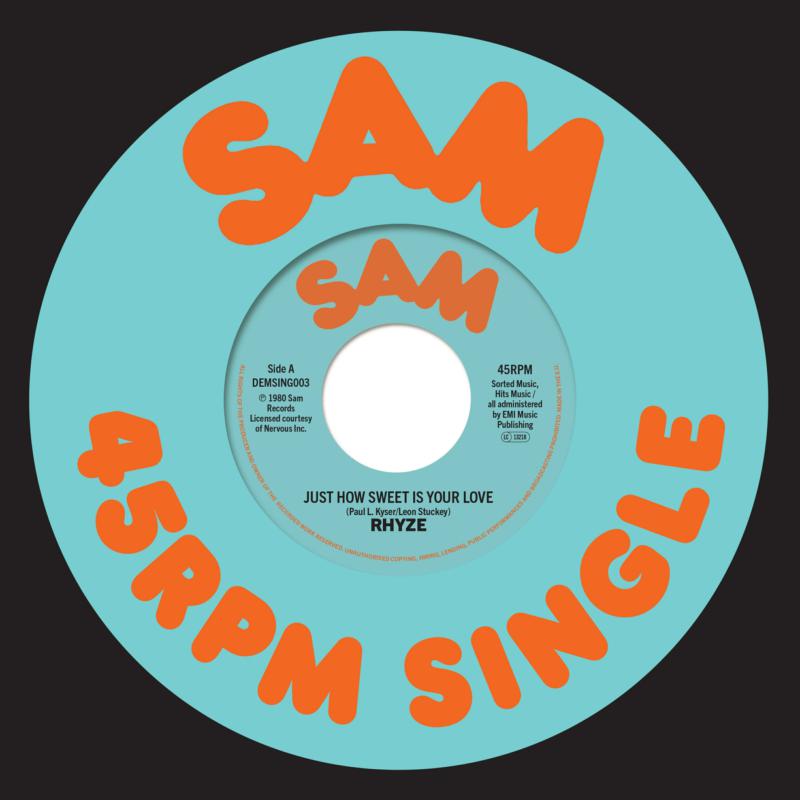 Turquoise vinyl record label with orange text: "SAM SAM" and song title.