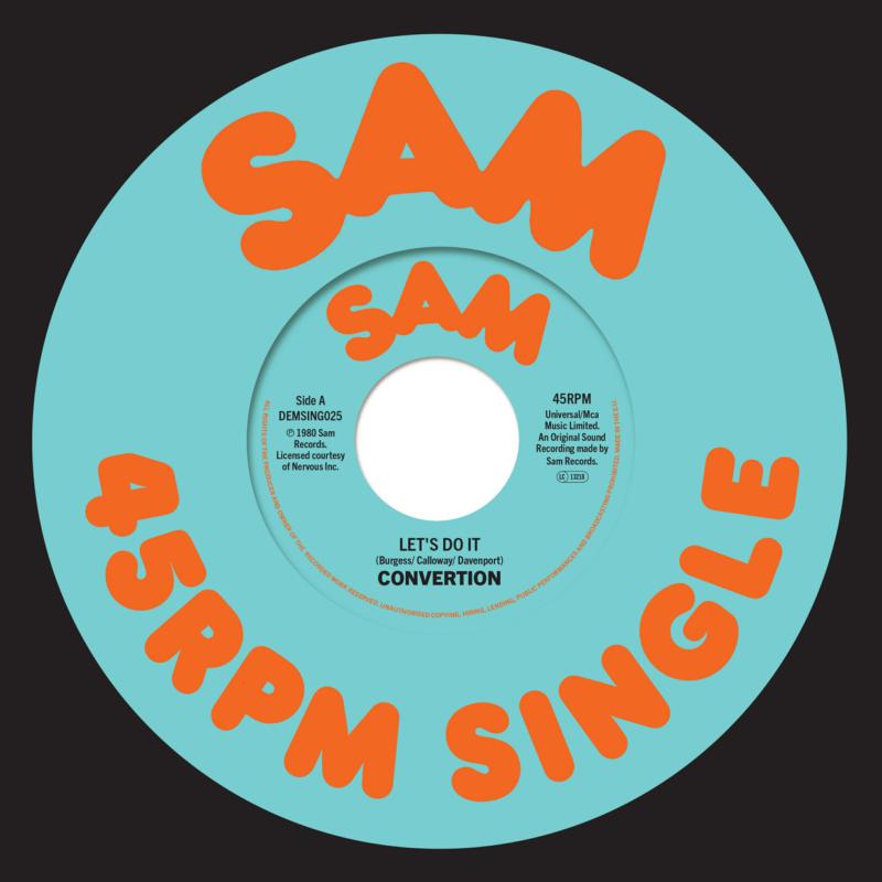 Vinyl record label with orange text: "SAM", "LET'S DO IT", and "45RPM SINGLE".
