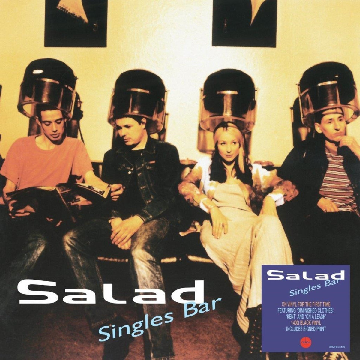Album cover for Salad’s “Singles Bar” featuring people under hair dryers.