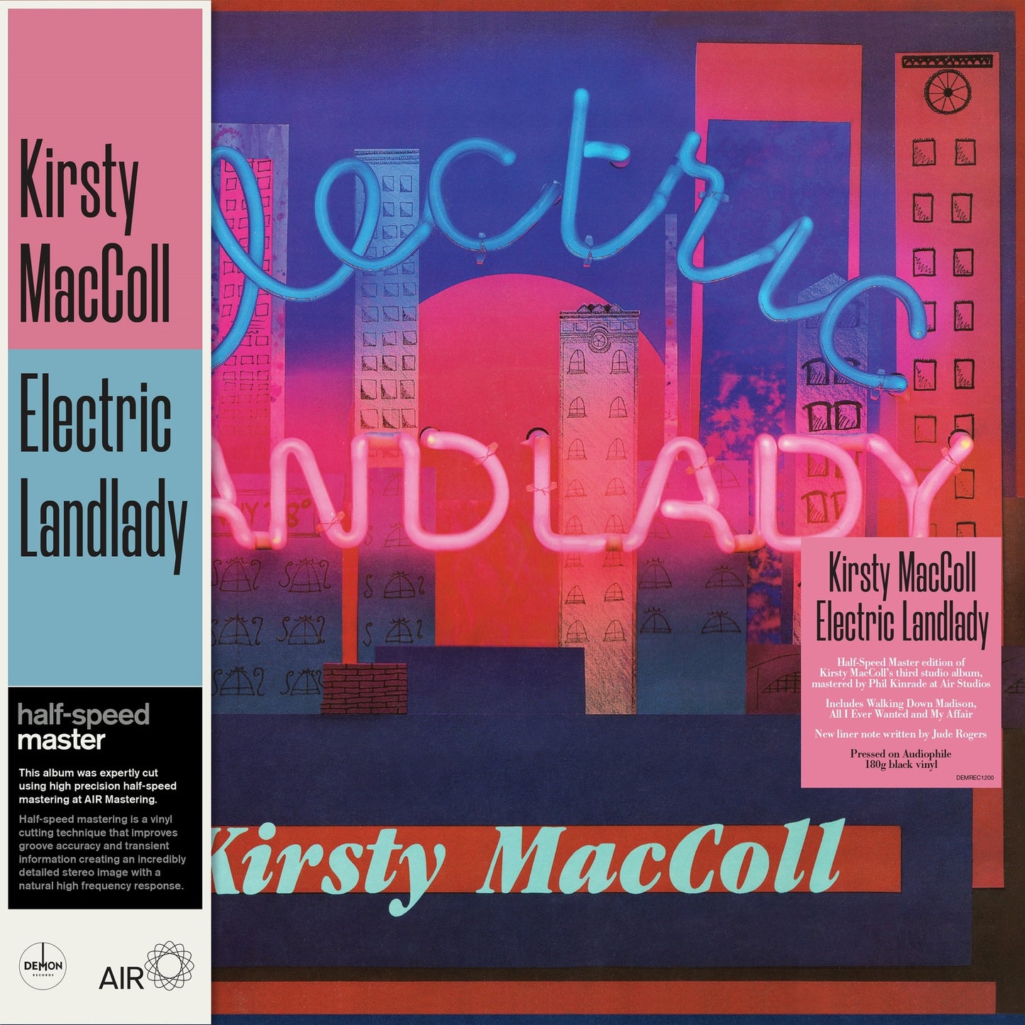Album cover for Kirsty MacColl’s “Electric Landlady” vinyl record, neon sign design.