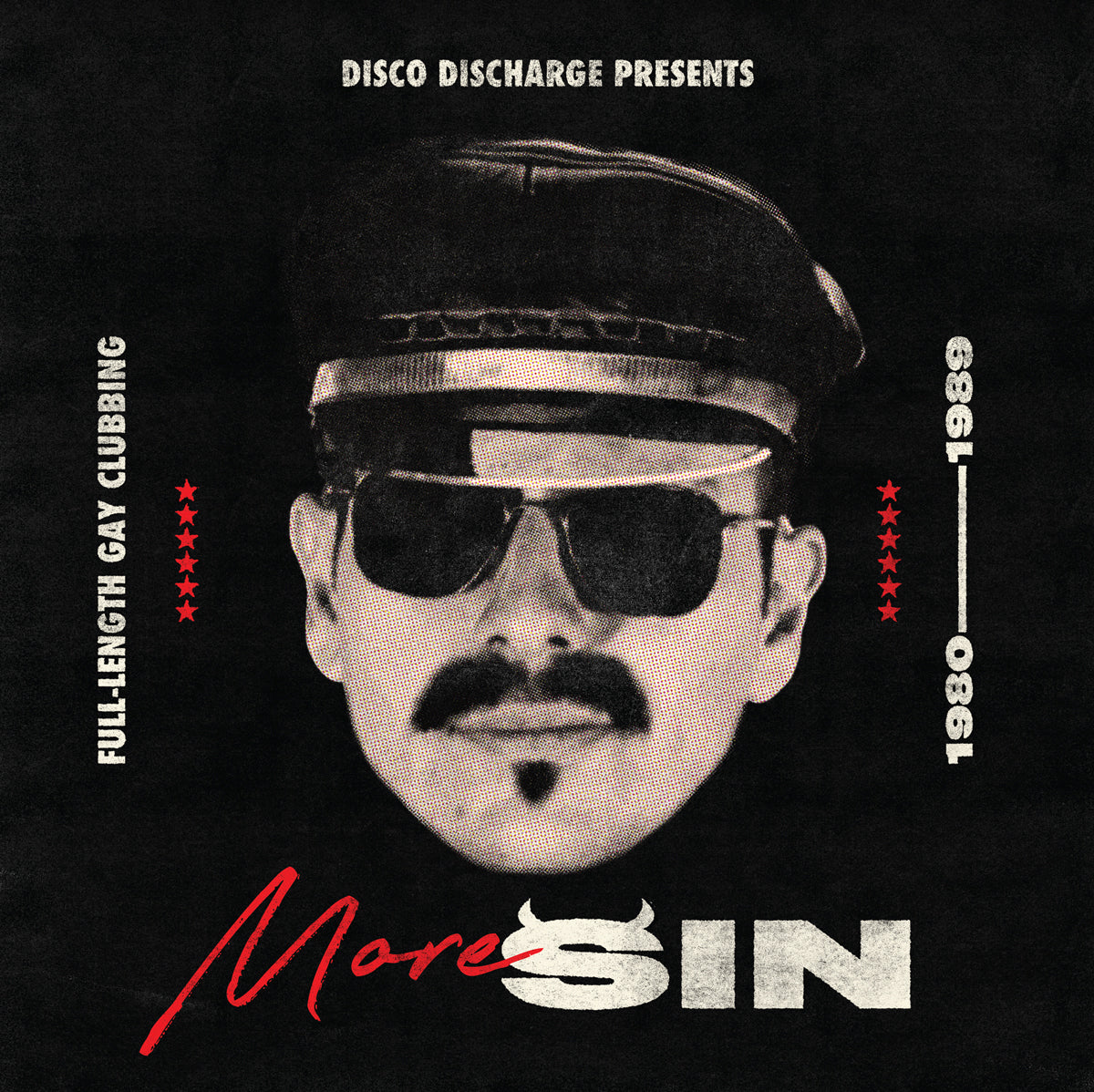 Black and white portrait of a man with sunglasses and a mustache.