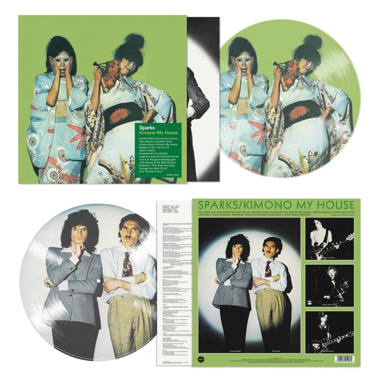 Sparks Kimono My House picture disc vinyl record with sleeve and back cover art.
