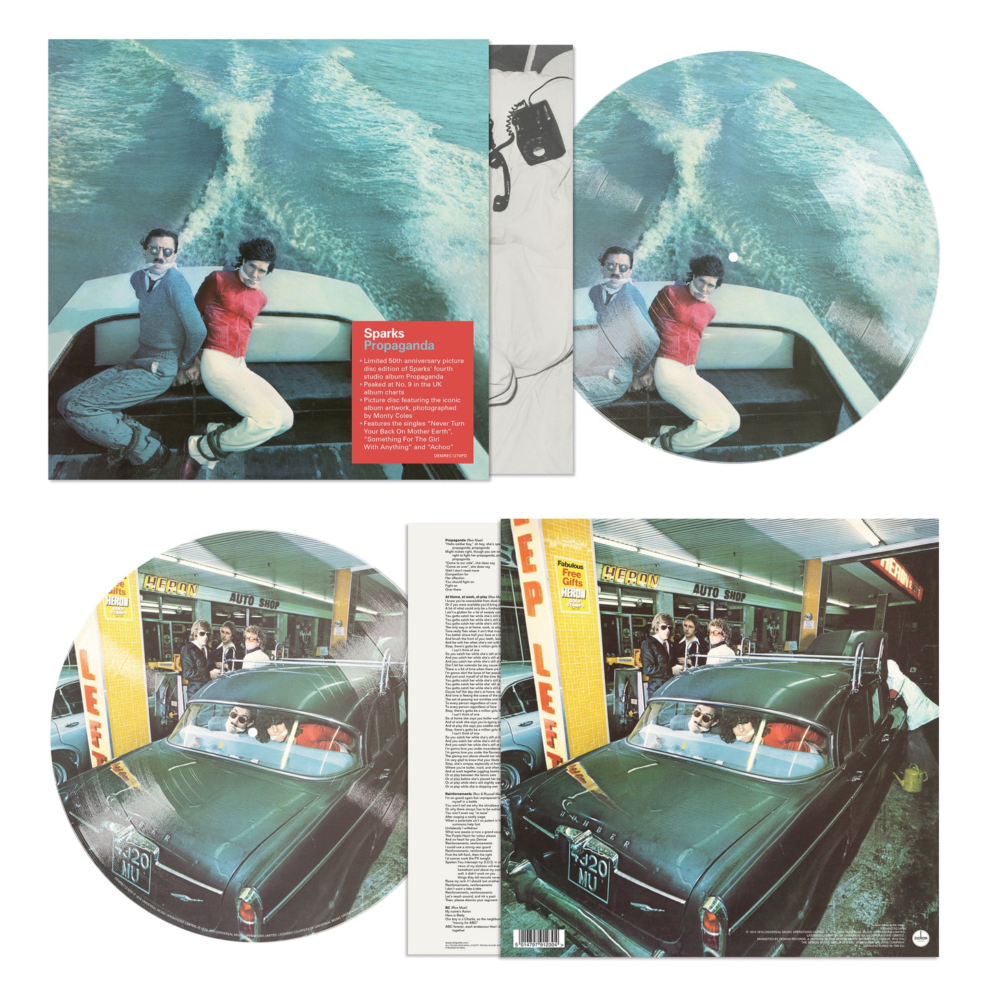 Sparks’ “Propaganda” vinyl record with car and band member imagery.
