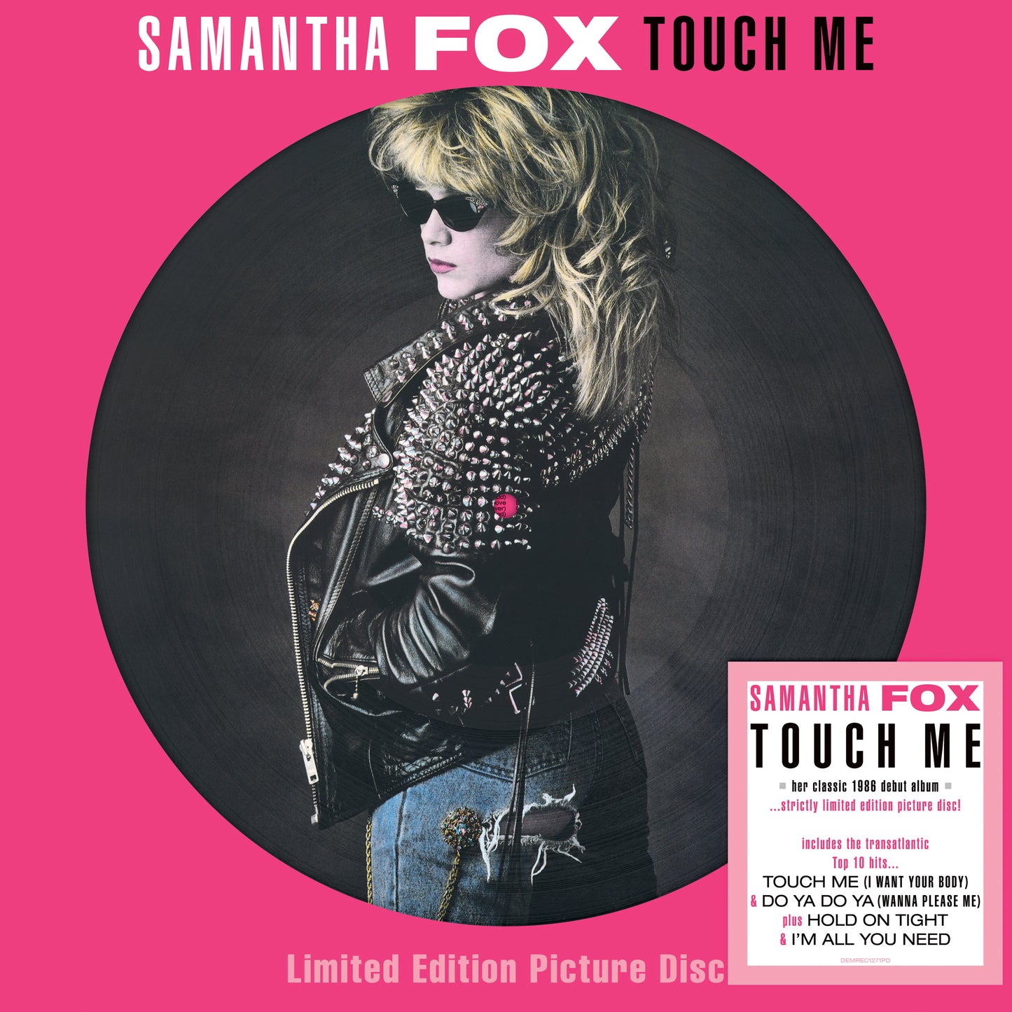 Samantha Fox album cover: portrait with leather jacket on pink background.