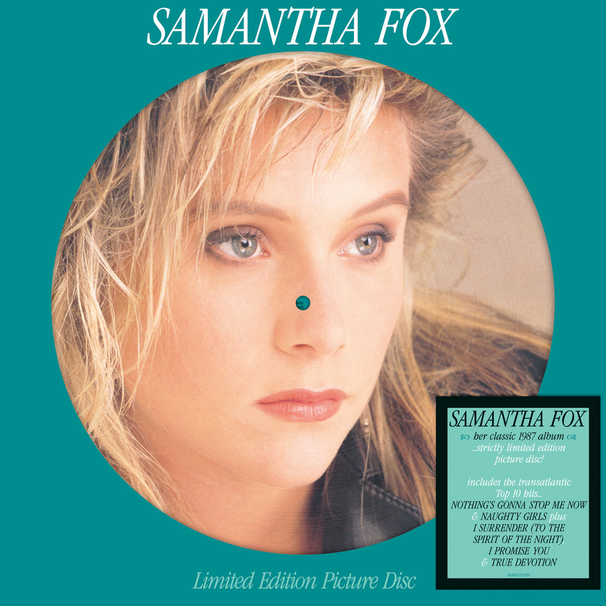 Samantha Fox portrait on a teal and gold limited edition picture disc.