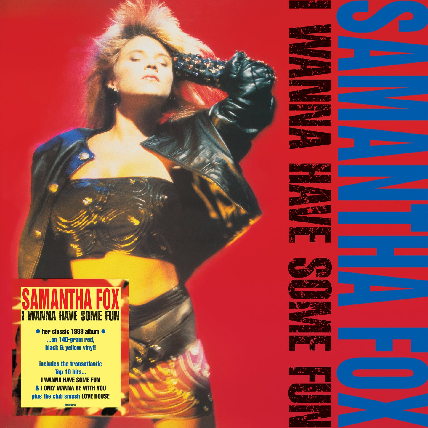 Samantha Fox album cover, vibrant red and blue with a portrait.