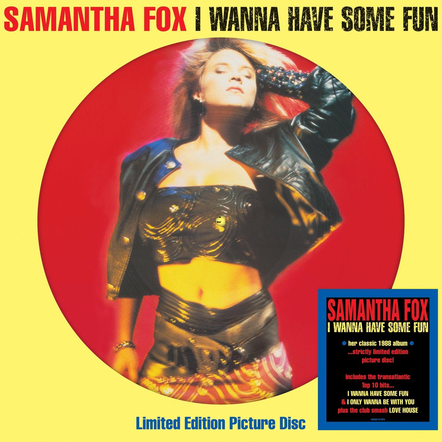 Samantha Fox album cover, vibrant red and yellow, picture disc vinyl.