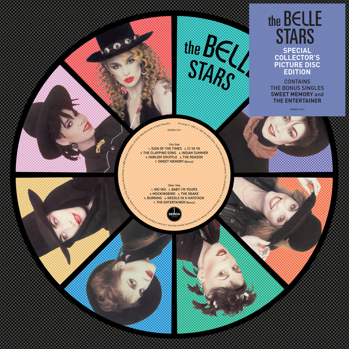 Colorful spiral-patterned vinyl record for The Belle Stars, with band name.