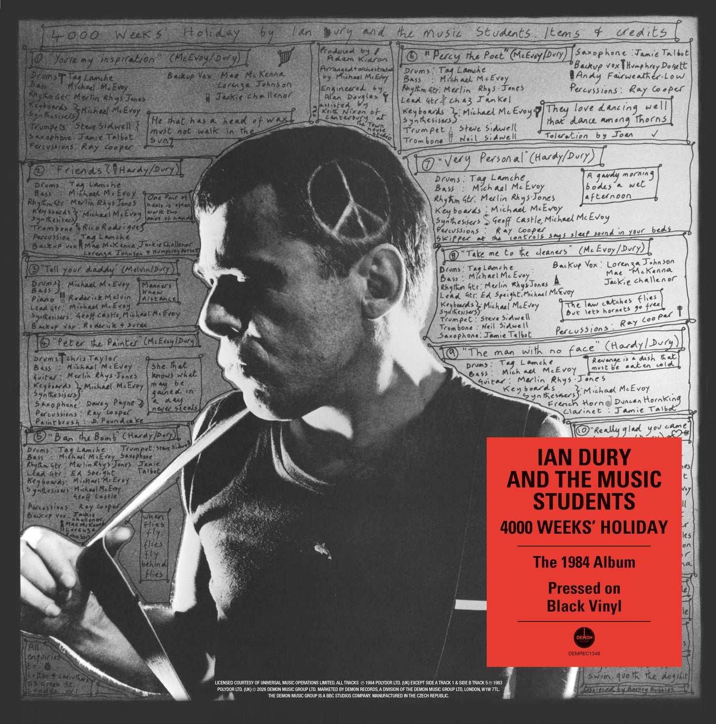 Vinyl record cover for Ian Dury’s “4000 Weeks Holiday” with handwritten text.