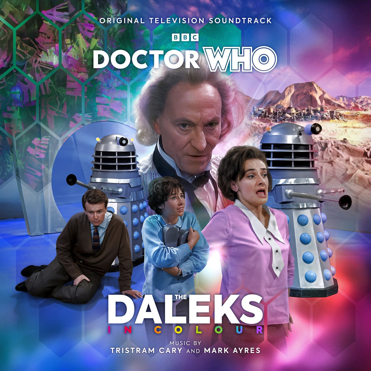 Doctor Who album cover featuring the First Doctor and Daleks in color.