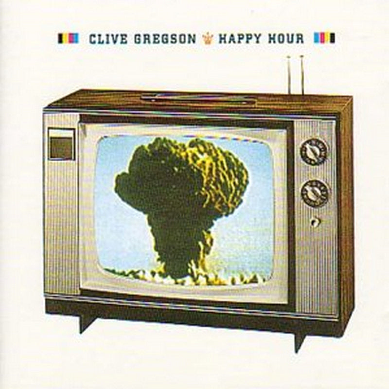 Vintage television displaying abstract foliage, album cover for Clive Gregson’s “Happy Hour.”