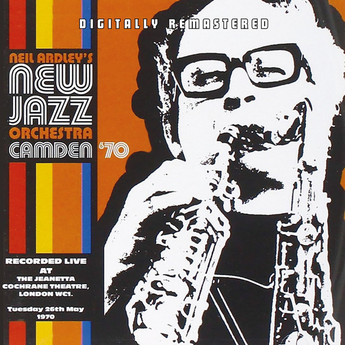 Album cover featuring a high-contrast illustration of a man playing a saxophone.