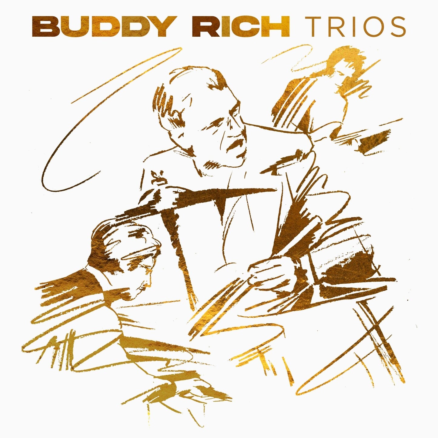 Buddy Rich portrait on vinyl album cover, sketched in gold tones.