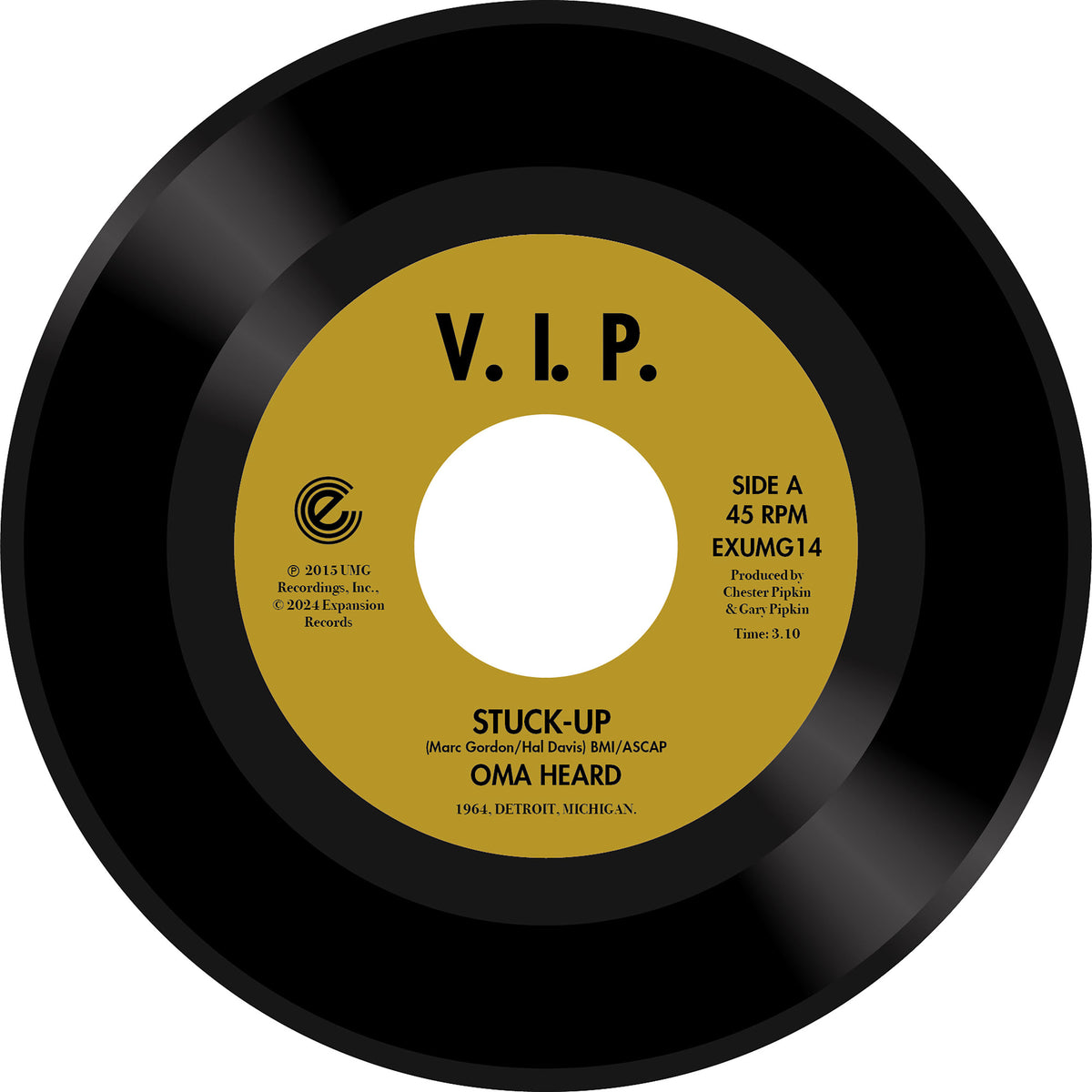 Black and yellow vinyl record label with "V.I.P." and "Stuck-Up" text.
