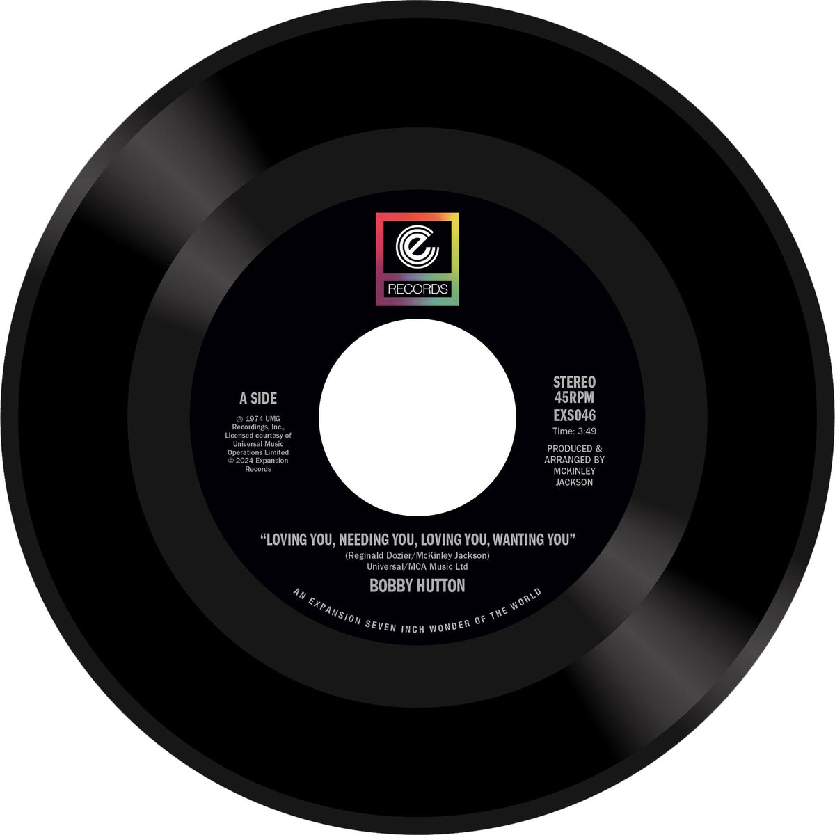 Black vinyl record label with white text: “Loving You, Needing You.”