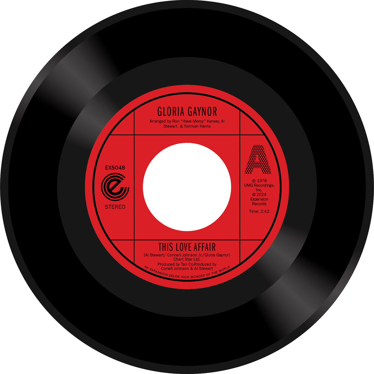 Gloria Gaynor's "This Love Affair" vinyl record label, centered with text.