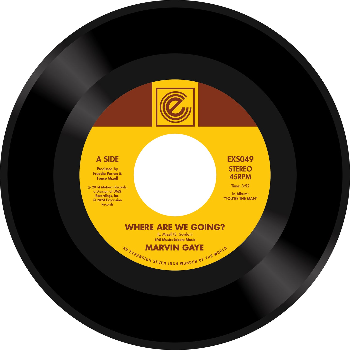 Yellow vinyl record label for Marvin Gaye’s “Where Are We Going?” single.