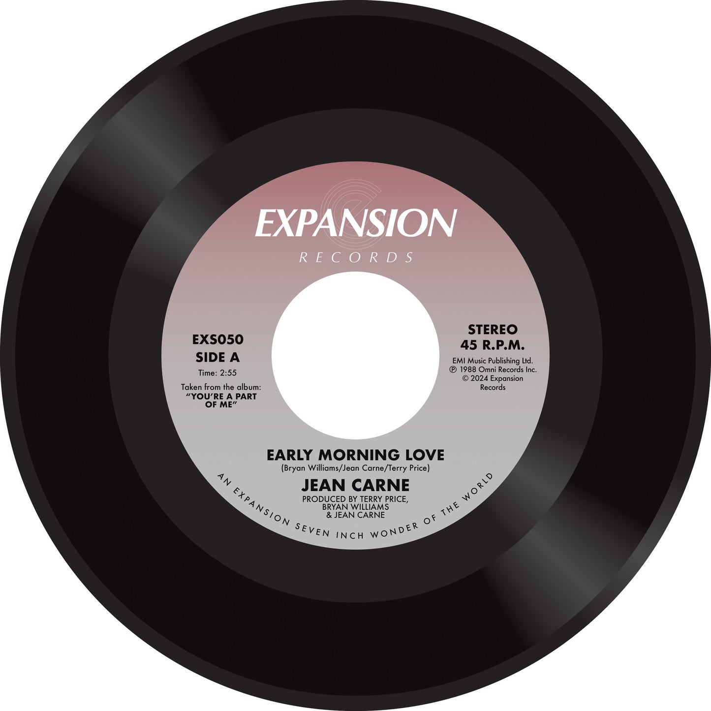 Close-up of a black and white vinyl record label for Jean Carne’s “Early Morning Love.”