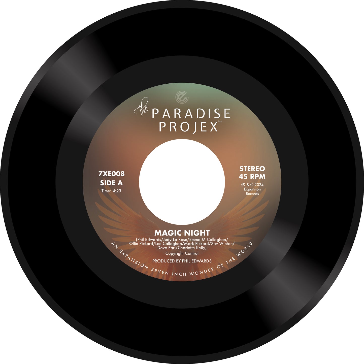 Vinyl record label for "Paradise Projexthe - Magic Night," black and yellow.