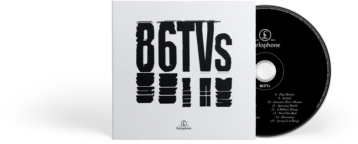 CD case for “86TVs” with white text and abstract graphic design.