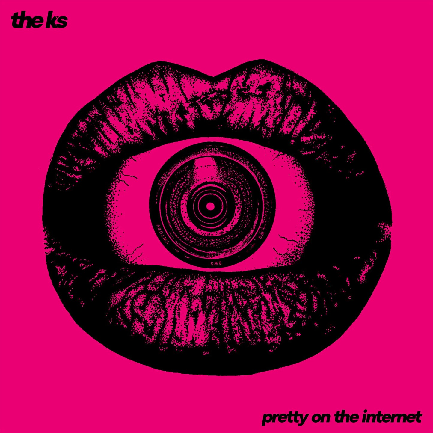 Pink and black album cover featuring an eye within a mouth.